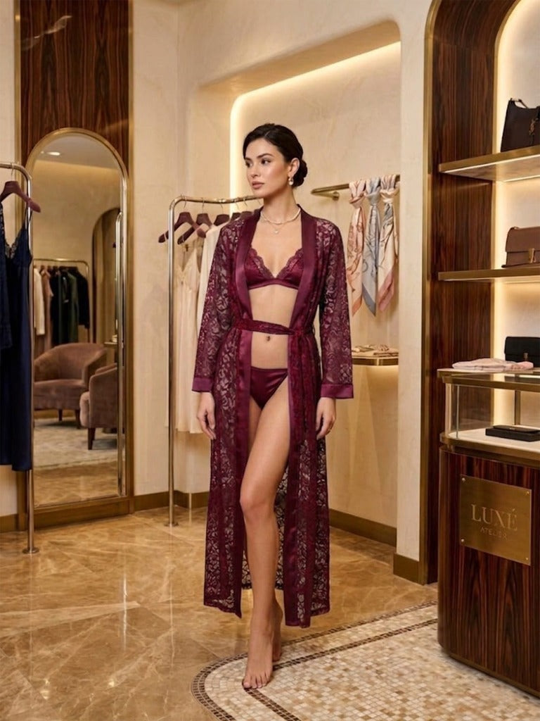 Sensual 3-Piece Floral Lace Long Gown Robe & Satin Bikini Lingerie Set