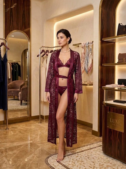 Sensual 3-Piece Floral Lace Long Gown Robe & Satin Bikini Lingerie Set