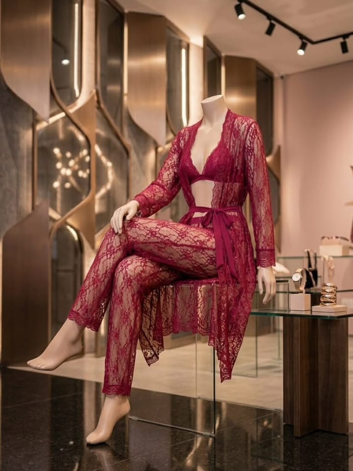 Sensual 3-Piece Sheer Floral Lace Long Robe, Bralette & Trousers Set