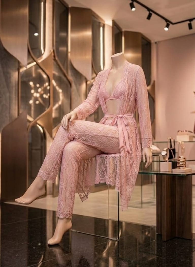 Sensual 3-Piece Sheer Floral Lace Long Robe, Bralette & Trousers Set