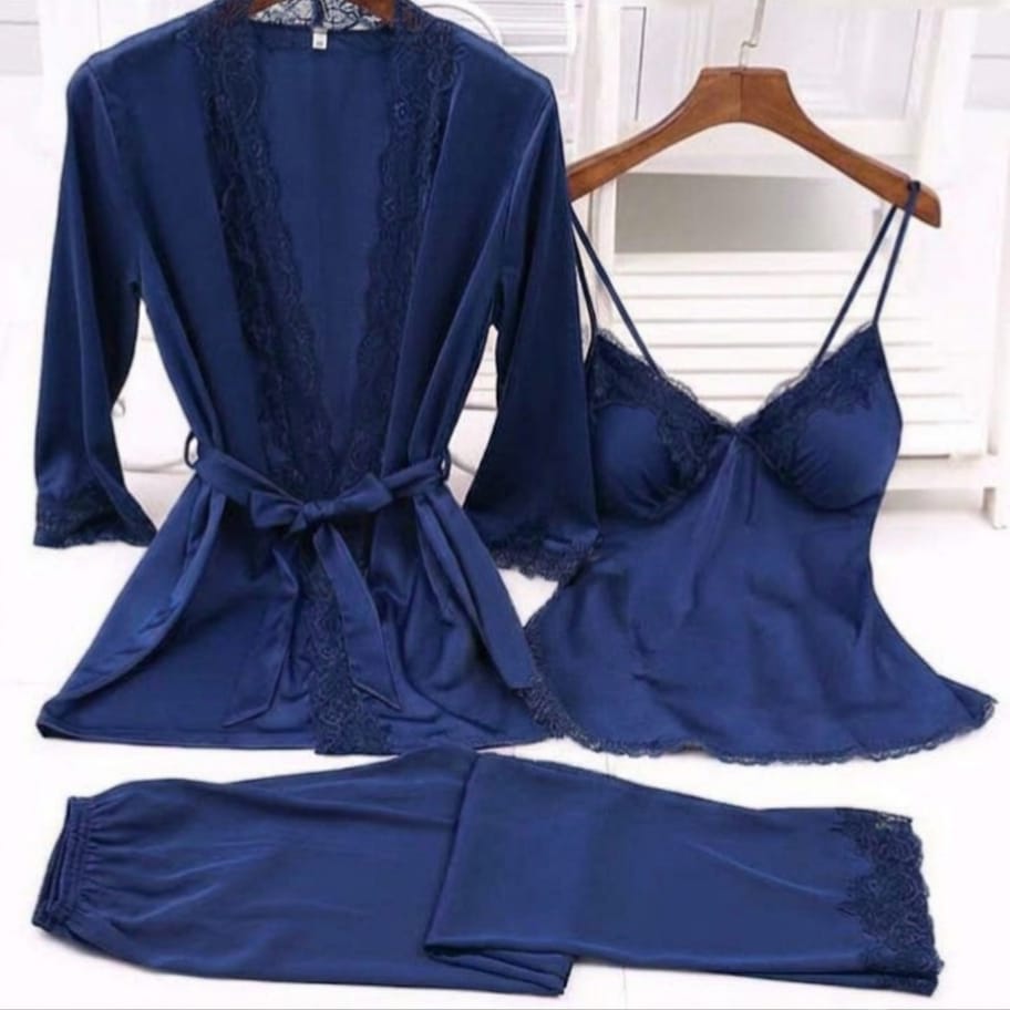 Luxury Satin Silk 3-Piece Nightwear Set – Robe, Cami Top & Pajama Trouser