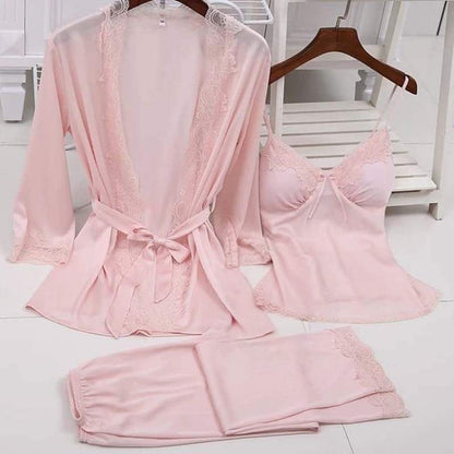 Luxury Satin Silk 3-Piece Nightwear Set – Robe, Cami Top & Pajama Trouser