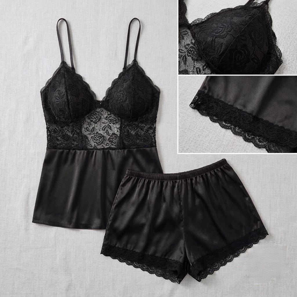 Sensual Satin Silk Cami & Shorts Set with Floral Lace Trim