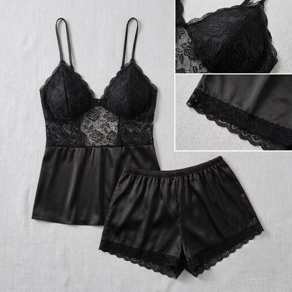 Sensual Satin Silk Cami & Shorts Set with Floral Lace Trim