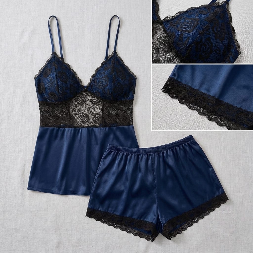 Sensual Satin Silk Cami & Shorts Set with Floral Lace Trim