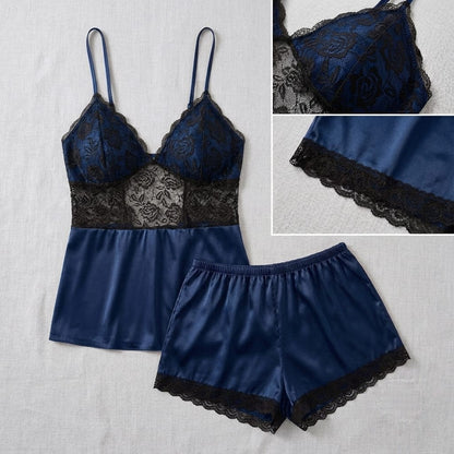 Sensual Satin Silk Cami & Shorts Set with Floral Lace Trim