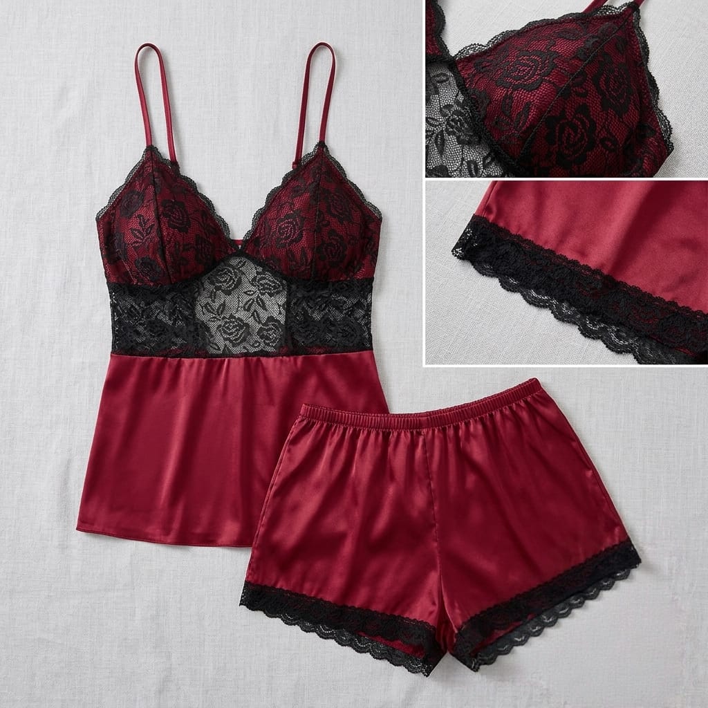 Sensual Satin Silk Cami & Shorts Set with Floral Lace Trim