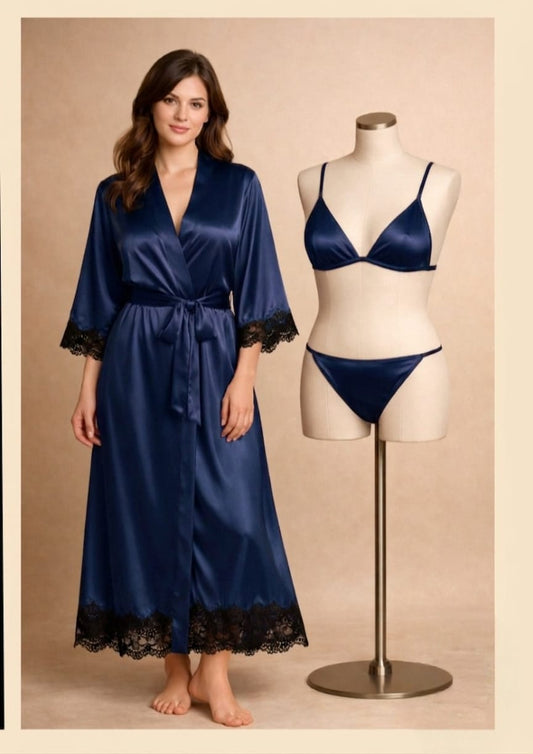 Luxury Satin Silk 3-Piece Nightwear Set – Long Gown Robe, Bra & Panty