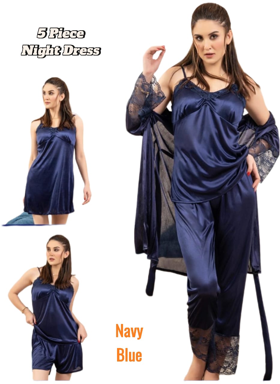 Luxury Satin Silk 5-Piece Bridal Nightwear Set – Robe, Nighty, Cami Top, Trousers & Shorts