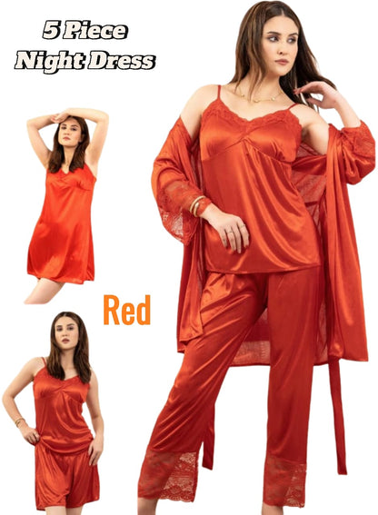 Luxury Satin Silk 5-Piece Bridal Nightwear Set – Robe, Nighty, Cami Top, Trousers & Shorts