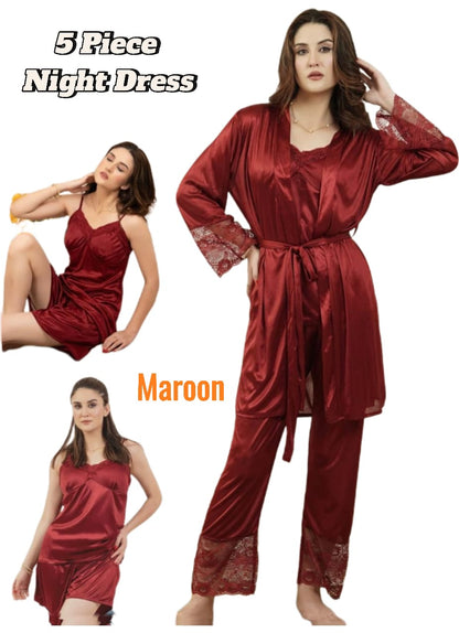 Luxury Satin Silk 5-Piece Bridal Nightwear Set – Robe, Nighty, Cami Top, Trousers & Shorts