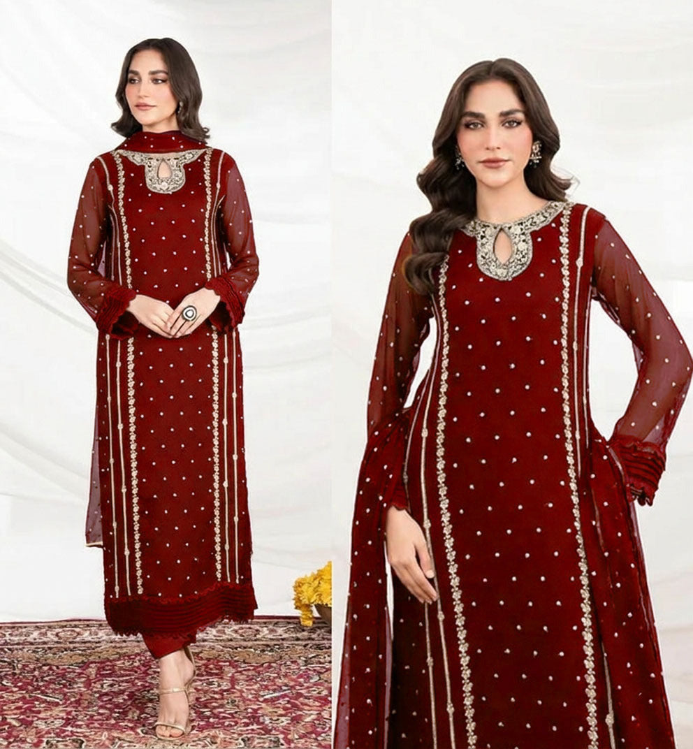 Sequence & Thread Embroidered Organza Suit – 3 Piece