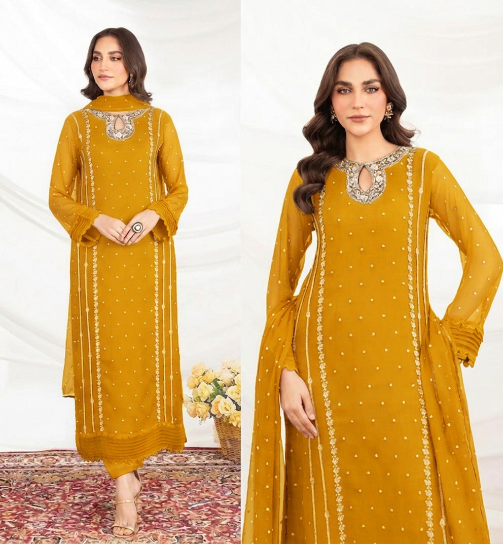 Sequence & Thread Embroidered Organza Suit – 3 Piece