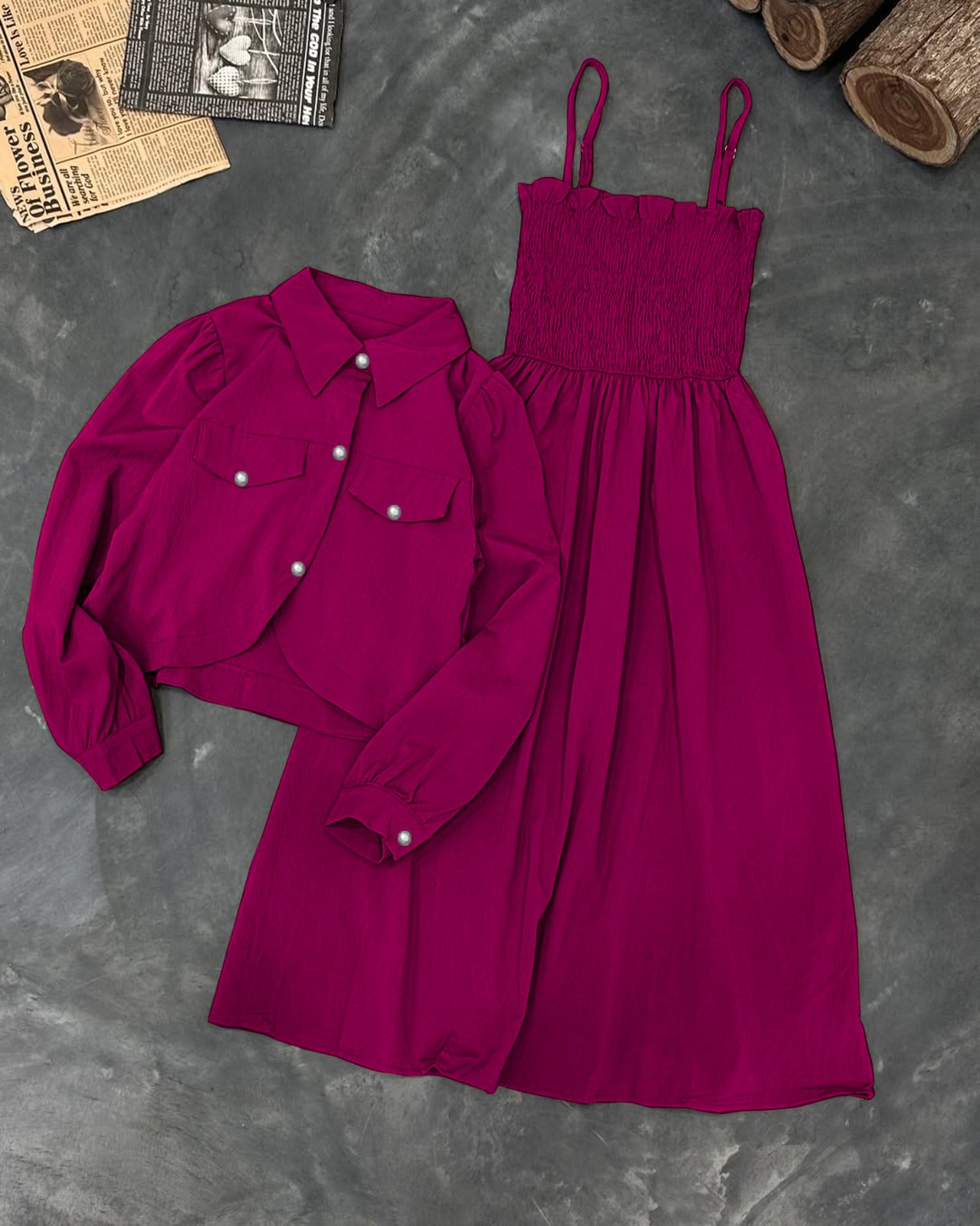 Monochrome Garden Party Set: Smocked Cami Maxi + Cropped Button-Down