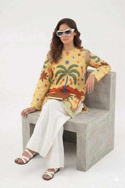 Tropical Palm Printed Kurta with Farshi Shalwar Set
