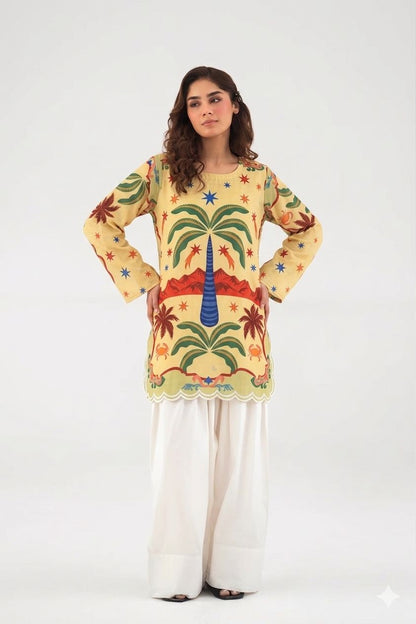 Tropical Palm Printed Kurta with Farshi Shalwar Set
