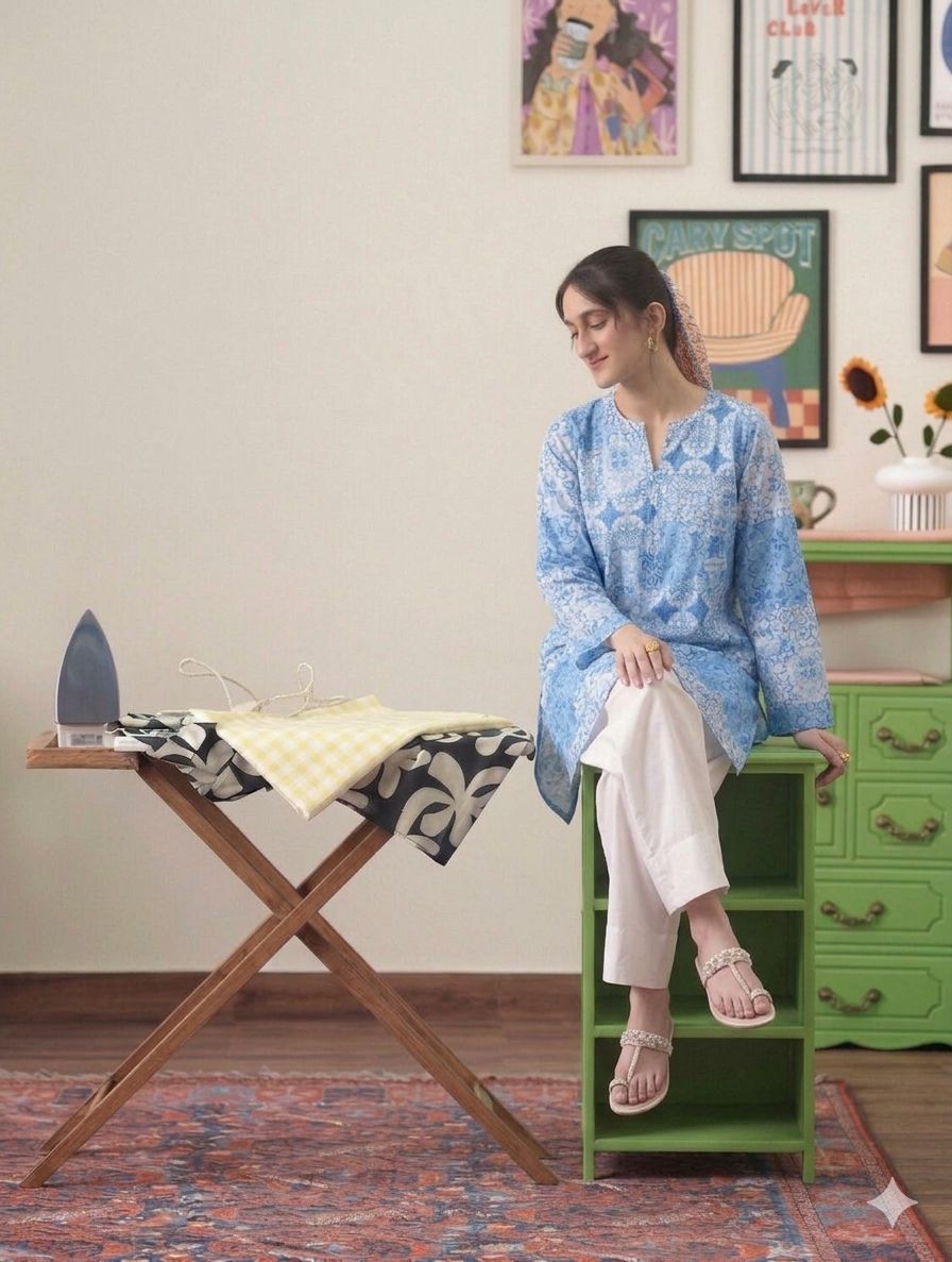 Blue Printed Kurta with Classic Farshi Shalwar White Shalwar