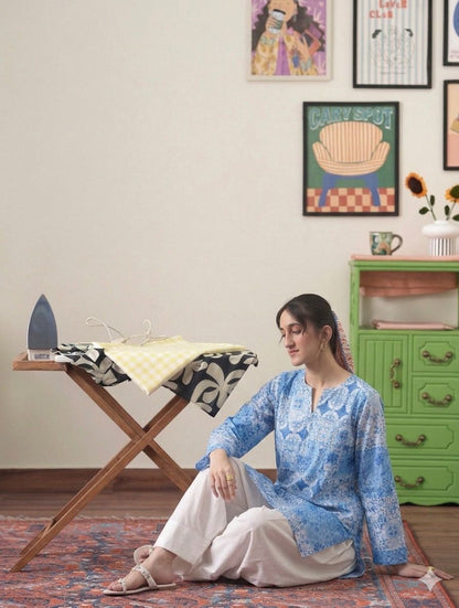 Blue Printed Kurta with Classic Farshi Shalwar White Shalwar