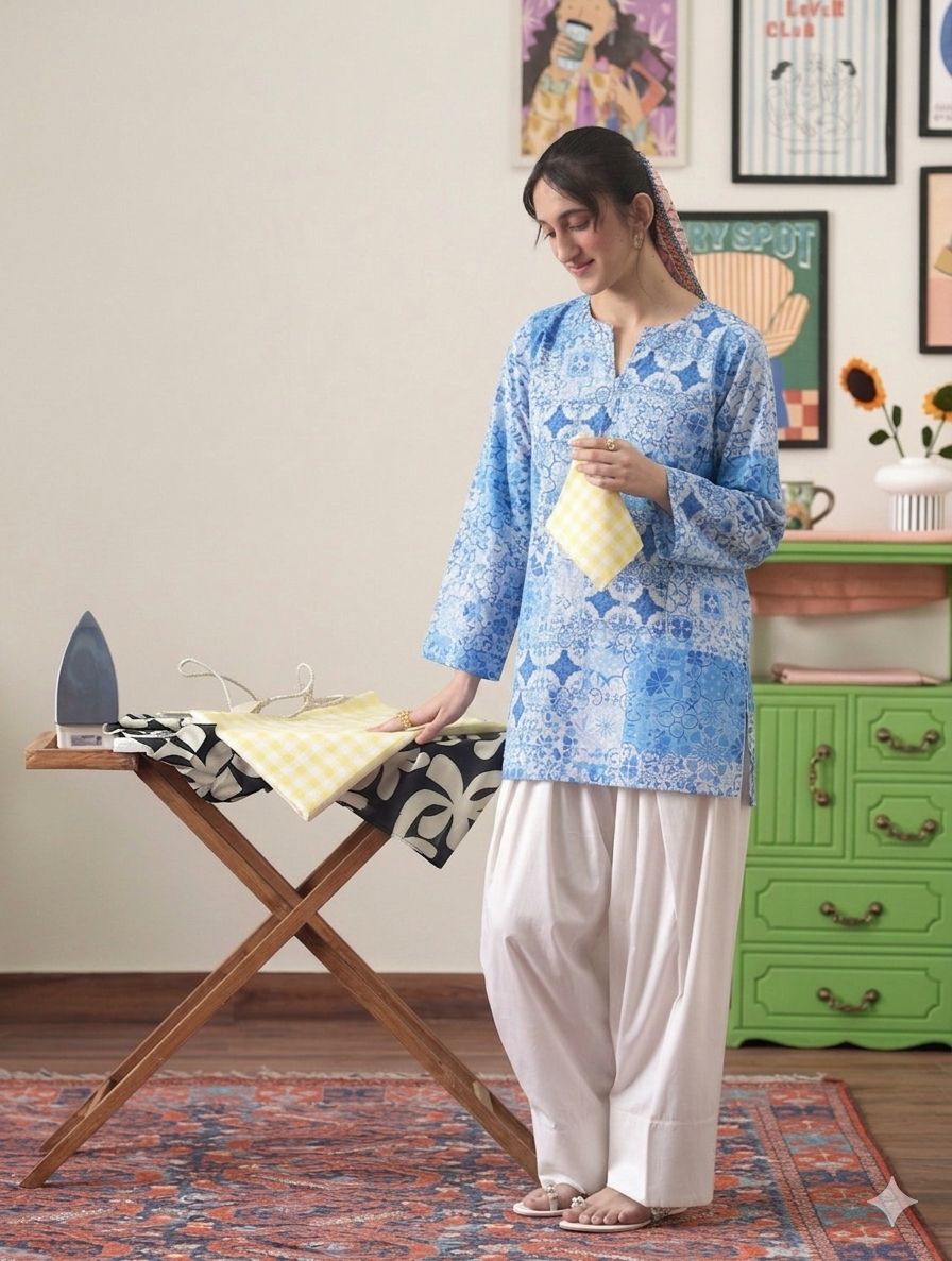 Blue Printed Kurta with Classic Farshi Shalwar White Shalwar