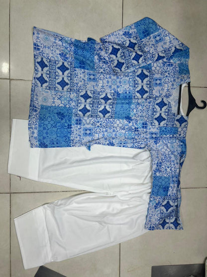 Blue Printed Kurta with Classic Farshi Shalwar White Shalwar