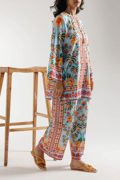 Powder Blue Tropical Palm Printed Lawn Suit with Dupatta – 3 Piece