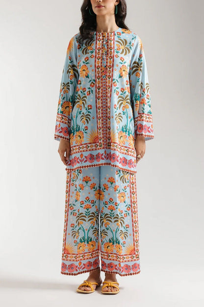 Powder Blue Tropical Palm Printed Lawn Suit with Dupatta – 3 Piece