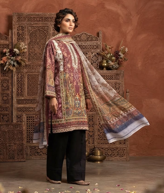Mauve Plum Ethnic Tapestry Printed Lawn Suit with Dupatta – 3 Piece