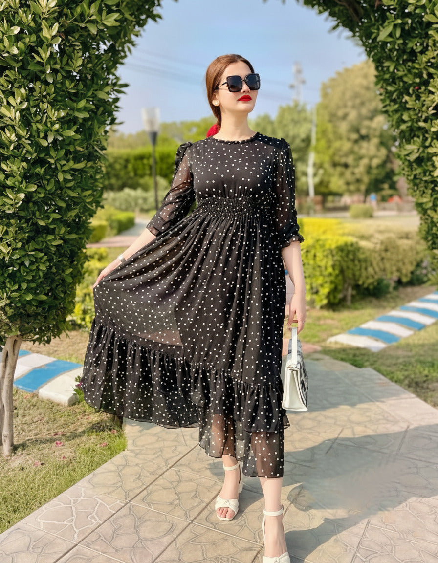 Polka Dot Printed Chiffon Tiered Maxi Dress with Attached Inner