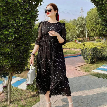 Polka Dot Printed Chiffon Tiered Maxi Dress with Attached Inner