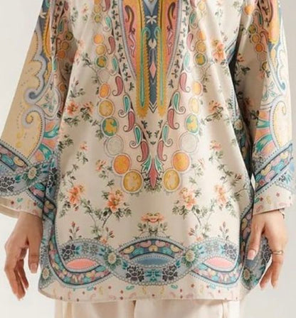 Pastel Multicolored Printed Lawn Tunic with White Farshi Shalwar – 2 Piece