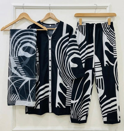 Premium Swiss Lawn 3-Piece Monochrome Abstract Printed Suit – Black & White