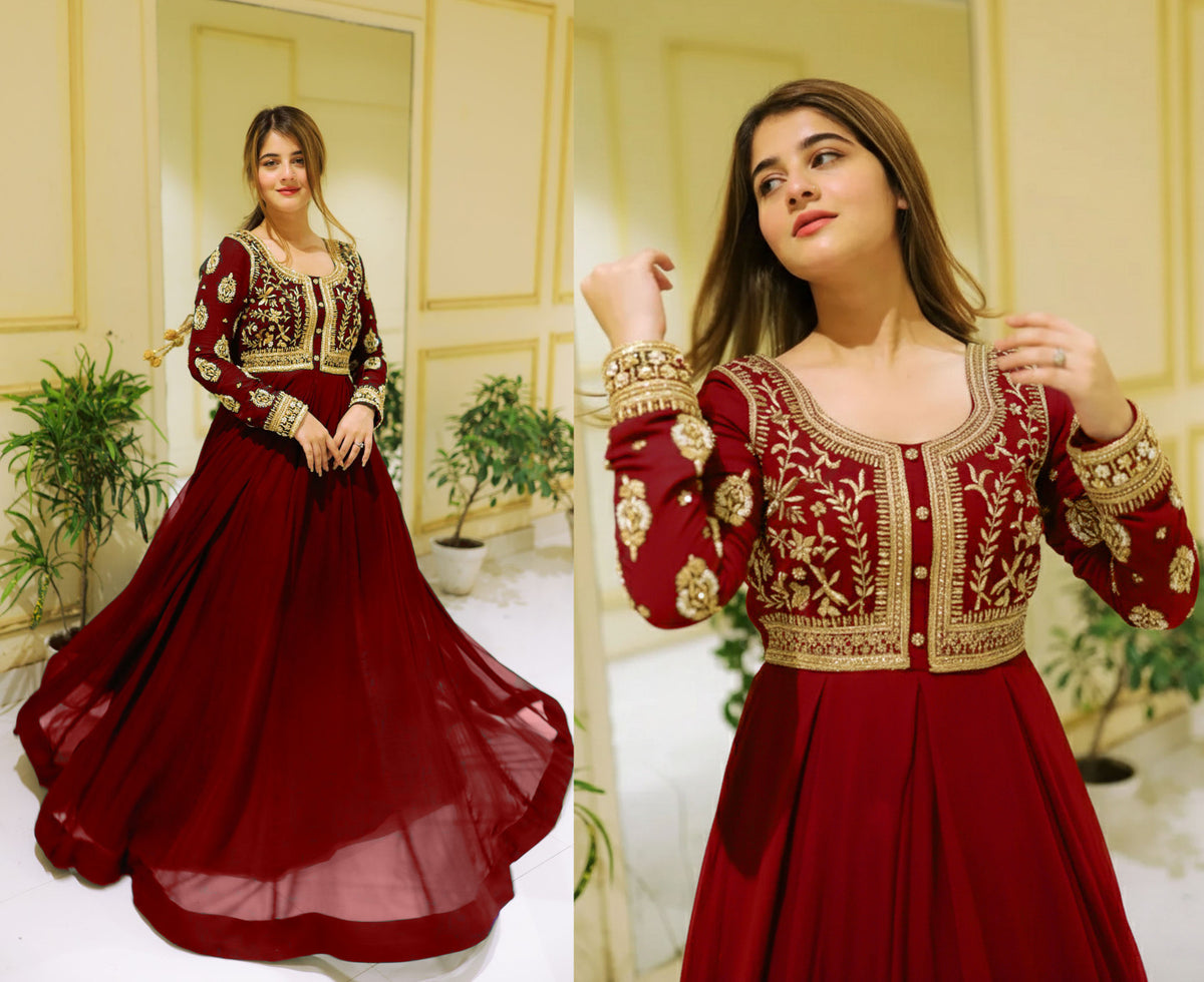 Front Sequin Neck & Sleeves Embroidered Chiffon Maxi with Trouser Set (2PC)