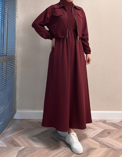 Winter Arrival Zipper Jacket & Sleeveless Long Frock Fleece Set (2Pc)