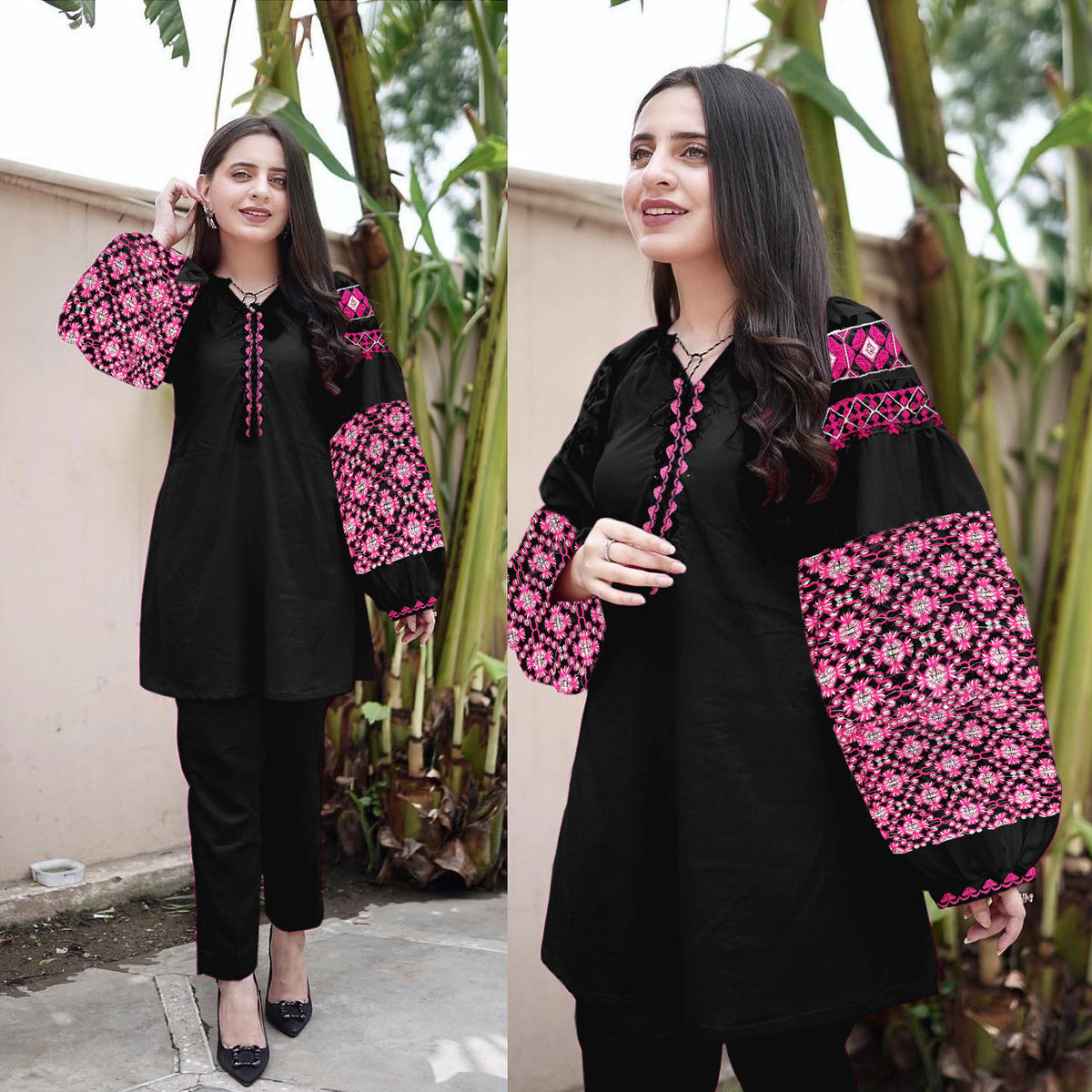 Boho-inspired Jabla Sleeve Embroidered Shirt & Trouser Set (2PC)