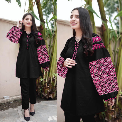 Boho-inspired Jabla Sleeve Embroidered Shirt & Trouser Set (2PC)