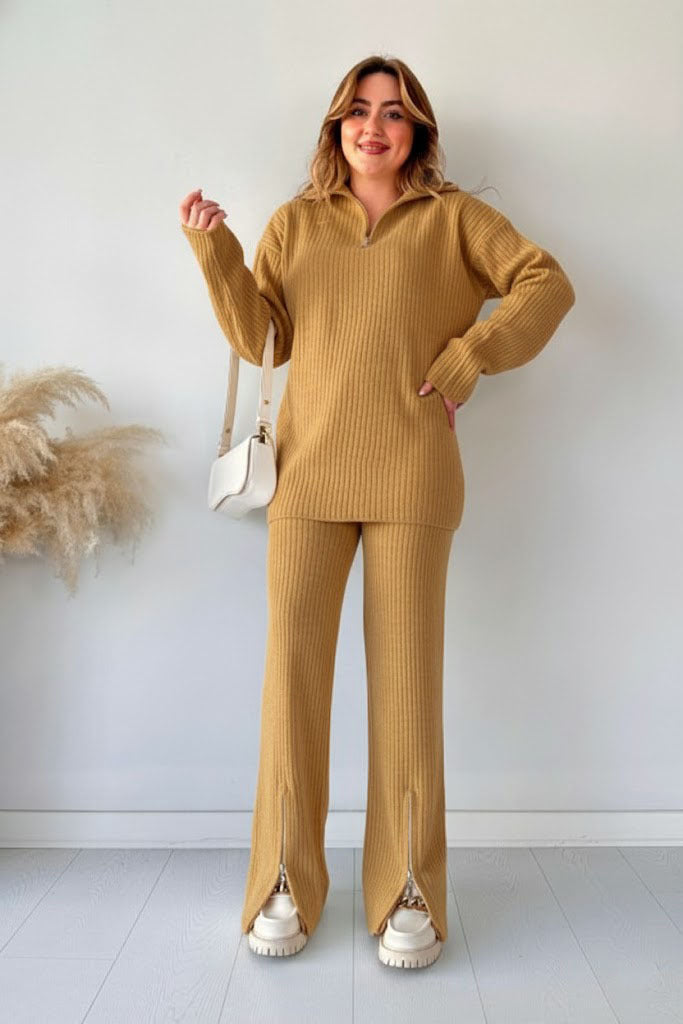 Winter Arrival❄ High-Neck Drop-Shoulder Winter Rib Tracksuit (2PC)