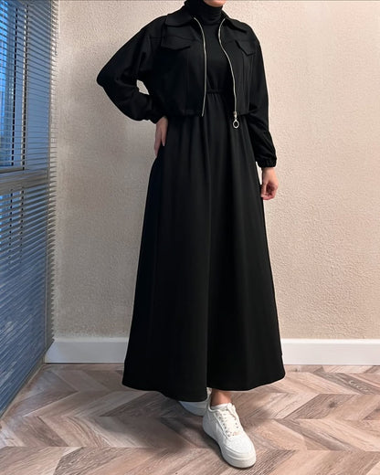 Winter Arrival Zipper Jacket & Sleeveless Long Frock Fleece Set (2Pc)