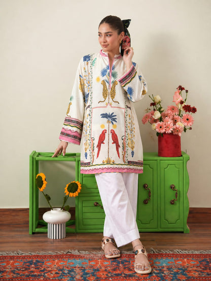 Tropical Safari Kurta & Farshi Shalwar | Ecru & Pink