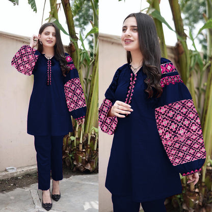Boho-inspired Jabla Sleeve Embroidered Shirt & Trouser Set (2PC)