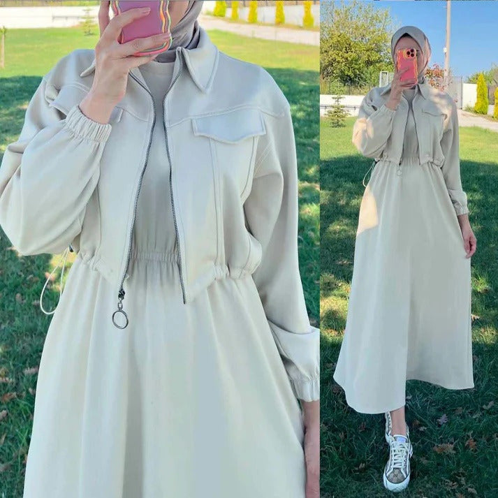Winter Arrival Zipper Jacket & Sleeveless Long Frock Fleece Set (2Pc)