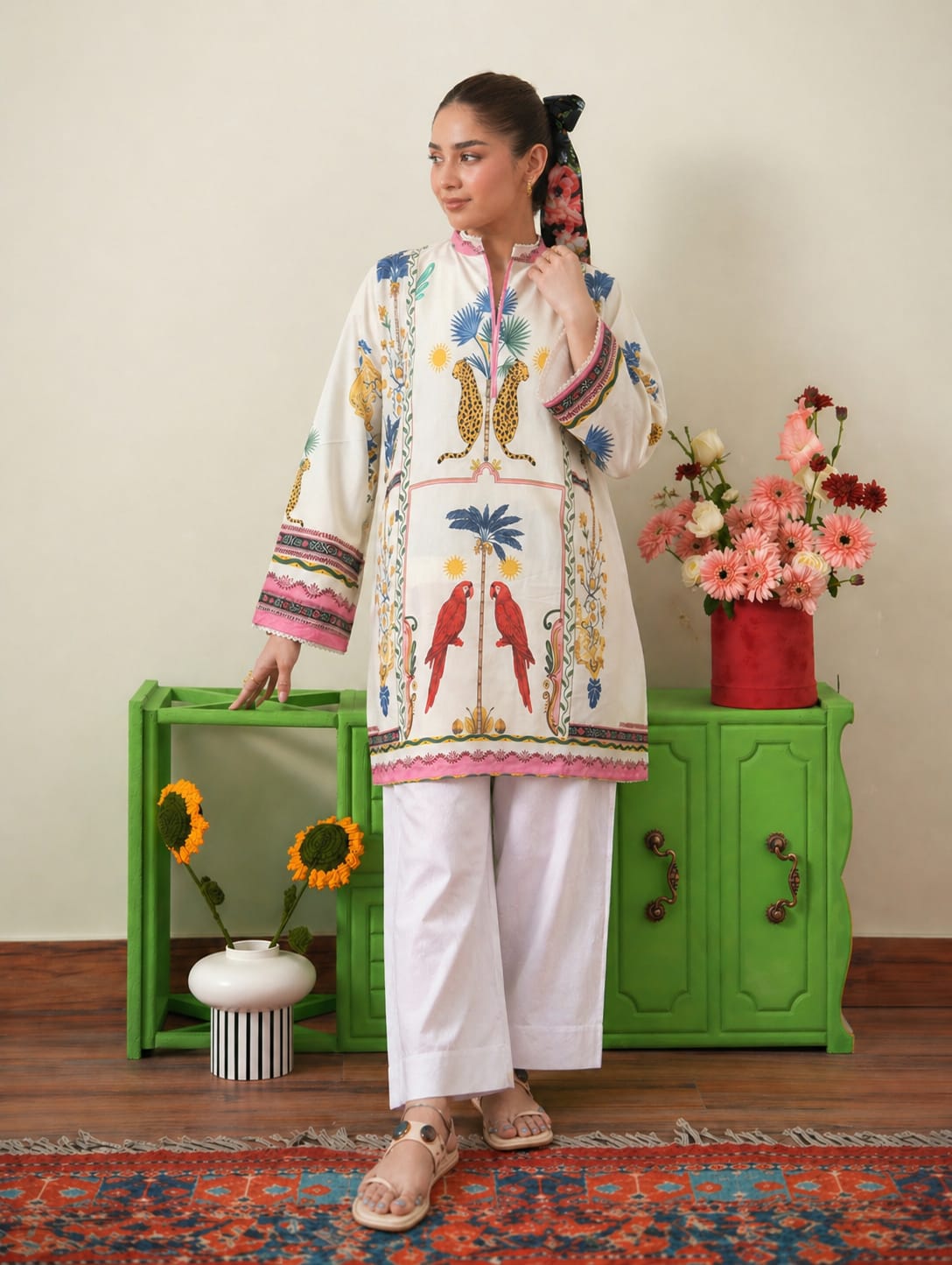 Tropical Safari Kurta & Farshi Shalwar | Ecru & Pink