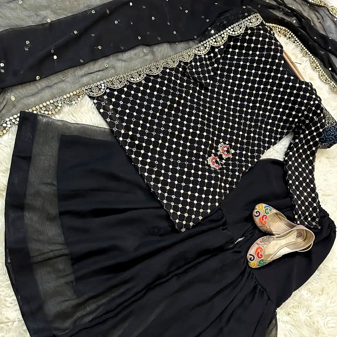 3-Piece 9MM Sequin Embroidered Chiffon Shirt & Sharara/Garara Set with Cut-Work Dupatta