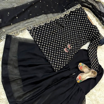 3-Piece 9MM Sequin Embroidered Chiffon Shirt & Sharara/Garara Set with Cut-Work Dupatta