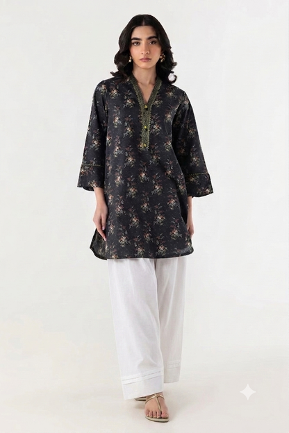 Midnight Black Floral Printed Lawn Kurti & Farshi Shalwar Set