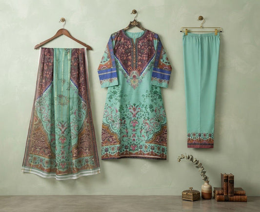 Mint Green & Deep Plum Floral Printed Lawn Frock Set (3PC)