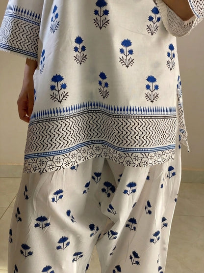 Blueberry Printed Cotton Kurti & Farshi Shalwar Set (2PC)