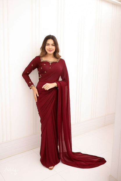 Star Embroidered Shamose Silk & Chiffon Pleated Saree Set (3PC)