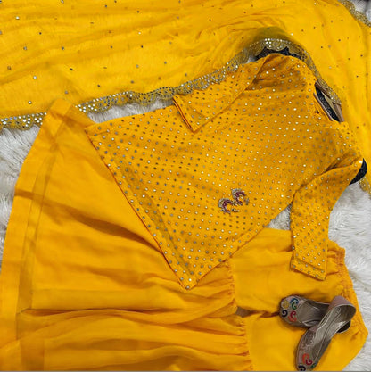 3-Piece 9MM Sequin Embroidered Chiffon Shirt & Sharara/Garara Set with Cut-Work Dupatta
