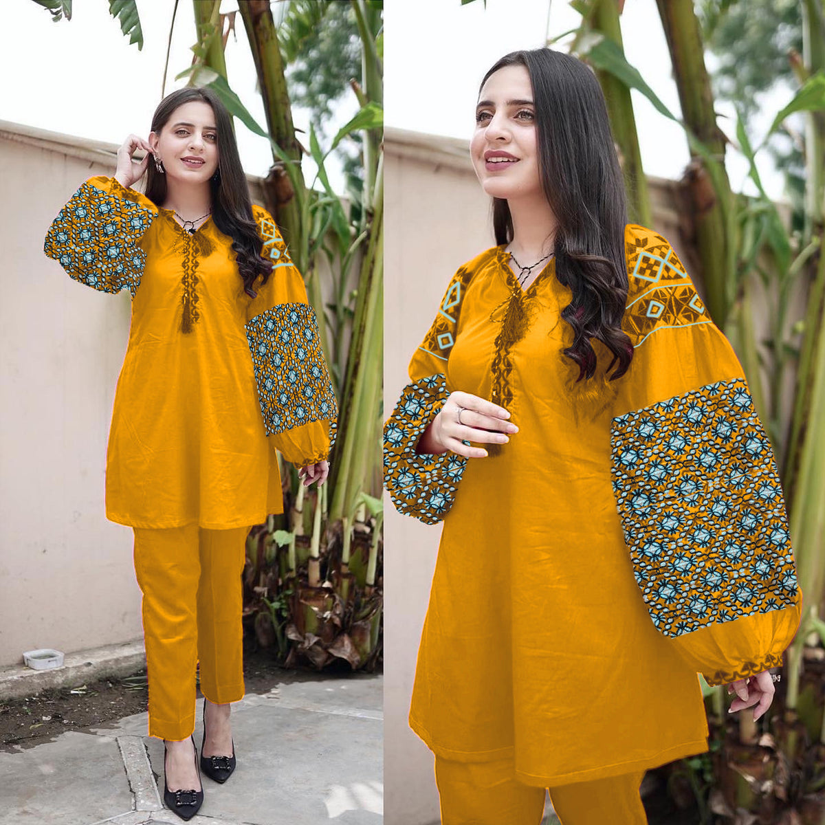 Boho-inspired Jabla Sleeve Embroidered Shirt & Trouser Set (2PC)