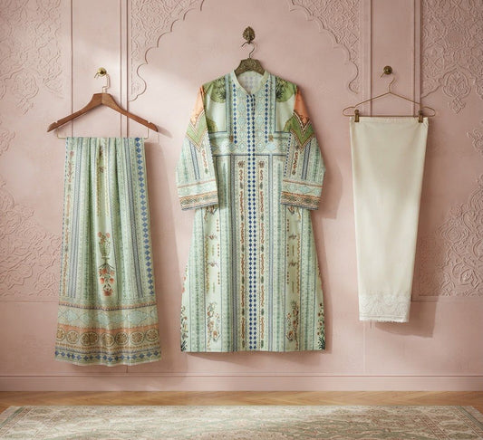 Pistachio Green Geometric Floral Printed Lawn Frock & Farshi Shalwar Set (3PC)